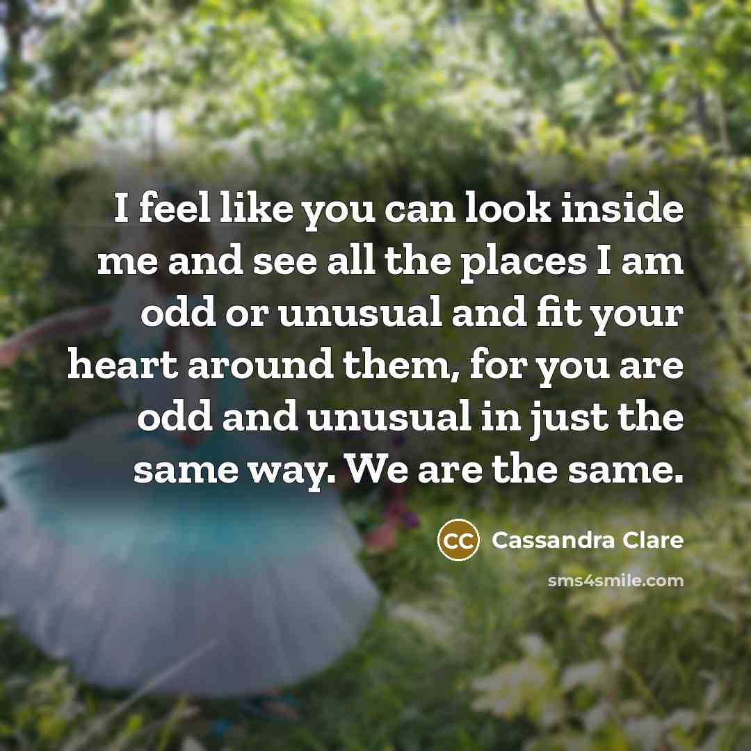 “I feel like you can look inside me and see all the places I am odd or unusual and fit your heart around them, for you are odd and unusual in just the same way. We are the same.” quote by Cassandra Clare