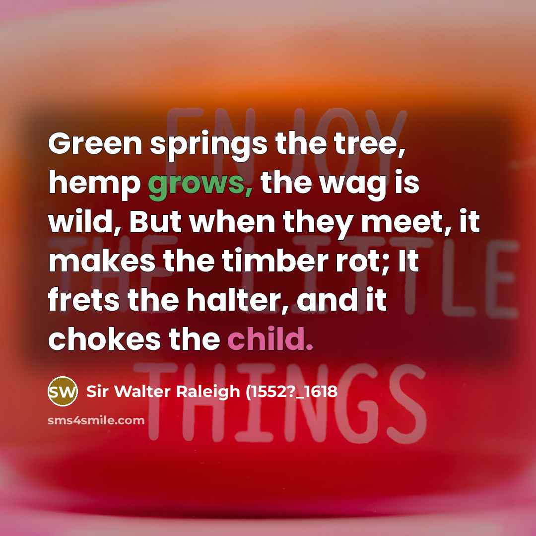 “Green springs the tree, hemp grows, the wag is wild, But when they meet, it makes the timber rot; It frets the halter, and it chokes the child.” quote by Sir Walter Raleigh (1552?_1618