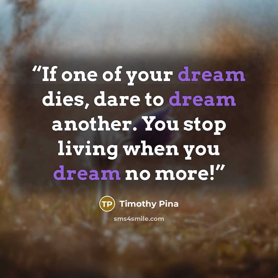 “If one of your dream dies, dare to dream another. You stop living when you dream no more!” quote by Timothy Pina
