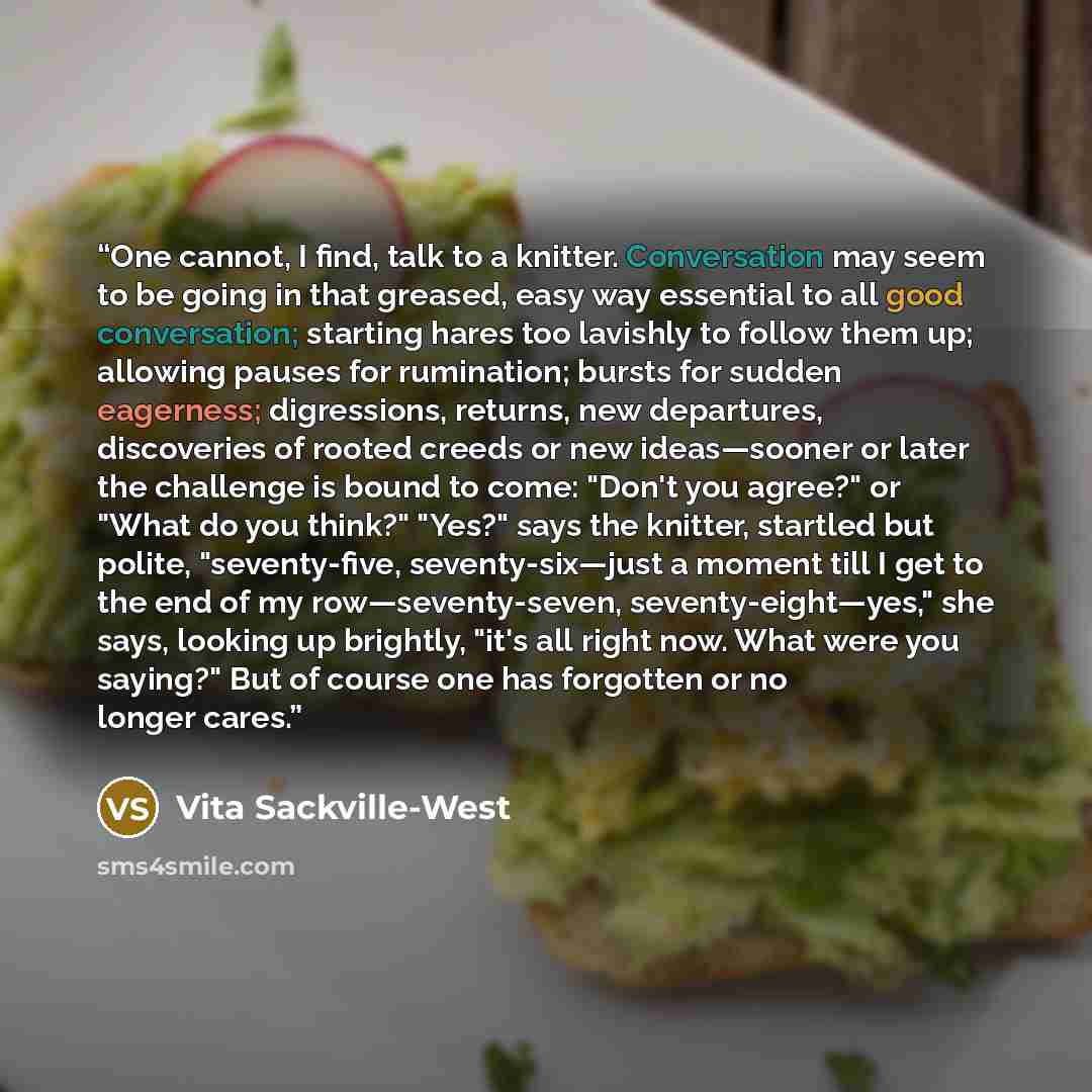 “One cannot, I find, talk to a knitter. Conversation may seem to be going in that greased, easy way essential to all good conversation; starting hares too lavishly to follow them up; allowing pauses for rumination; bursts for sudden eagerness; digressions, returns, new departures, discoveries of…” quote by Vita Sackville-West