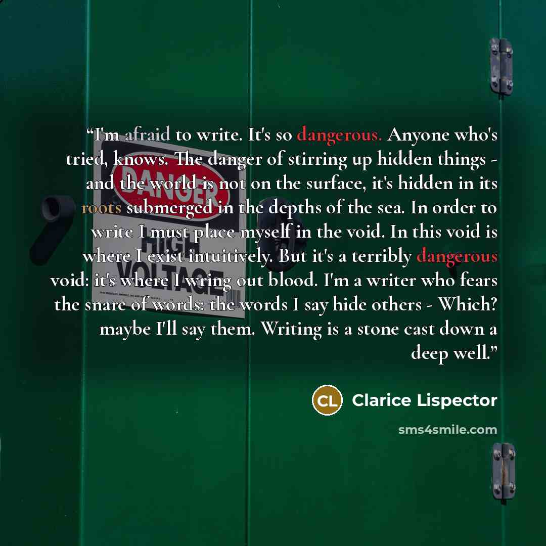 “I'm afraid to write. It's so dangerous. Anyone who's tried, knows. The danger of stirring up hidden things - and the world is not on the surface, it's hidden in its roots submerged in the depths of the sea. In order to write I must place myself in the void. In this void is where I exist…” quote by Clarice Lispector