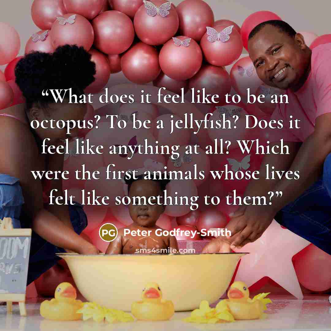 “What does it feel like to be an octopus? To be a jellyfish? Does it feel like anything at all? Which were the first animals whose lives felt like something to them?” quote by Peter Godfrey-Smith