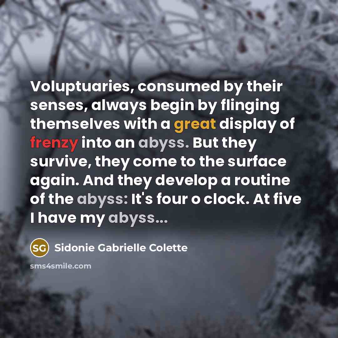 “Voluptuaries, consumed by their senses, always begin by flinging themselves with a great display of frenzy into an abyss. But they survive, they come to the surface again. And they develop a routine of the abyss: It's four o clock. At five I have my abyss...” quote by Sidonie Gabrielle Colette