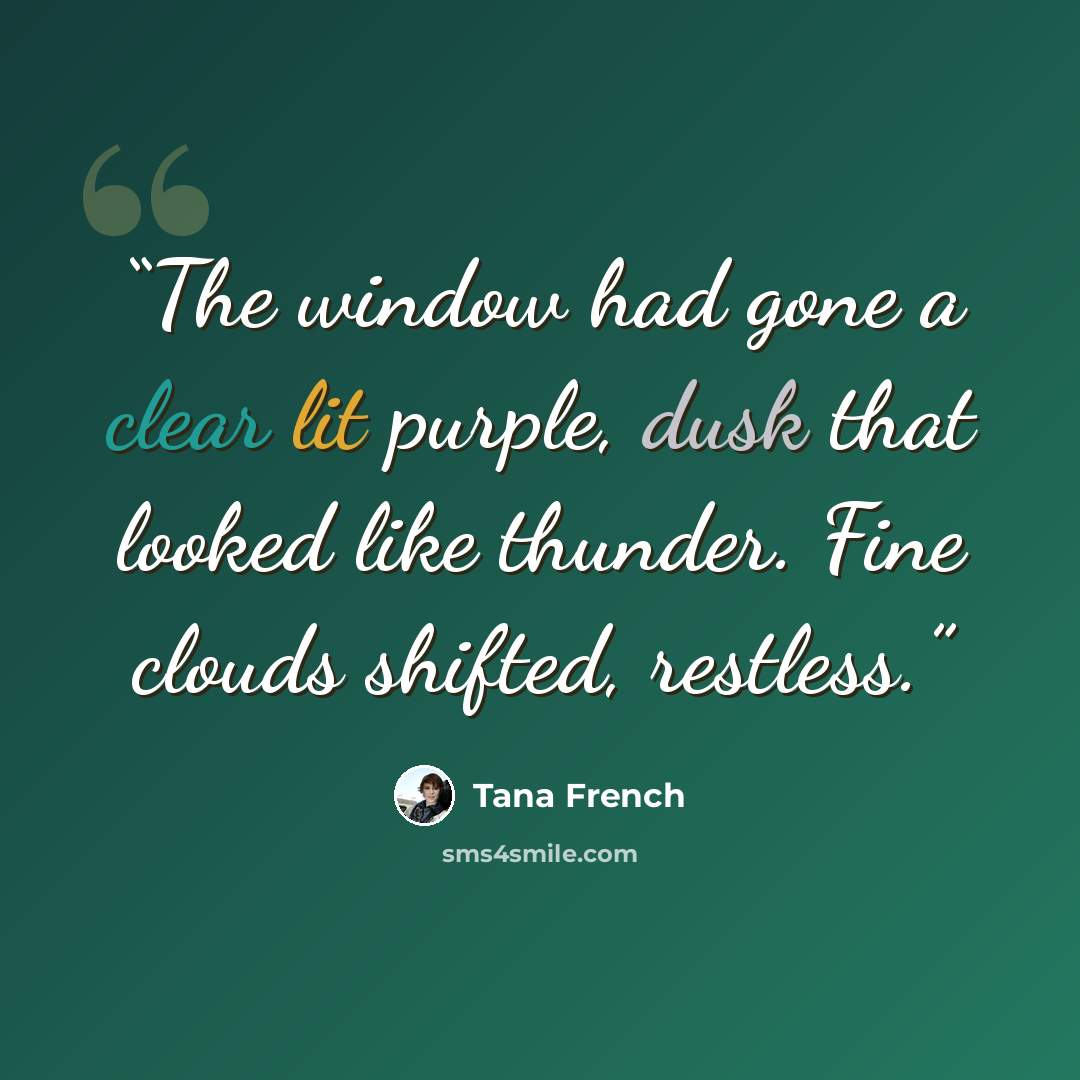 “The window had gone a clear lit purple, dusk that looked like thunder. Fine clouds shifted, restless.” quote by Tana French