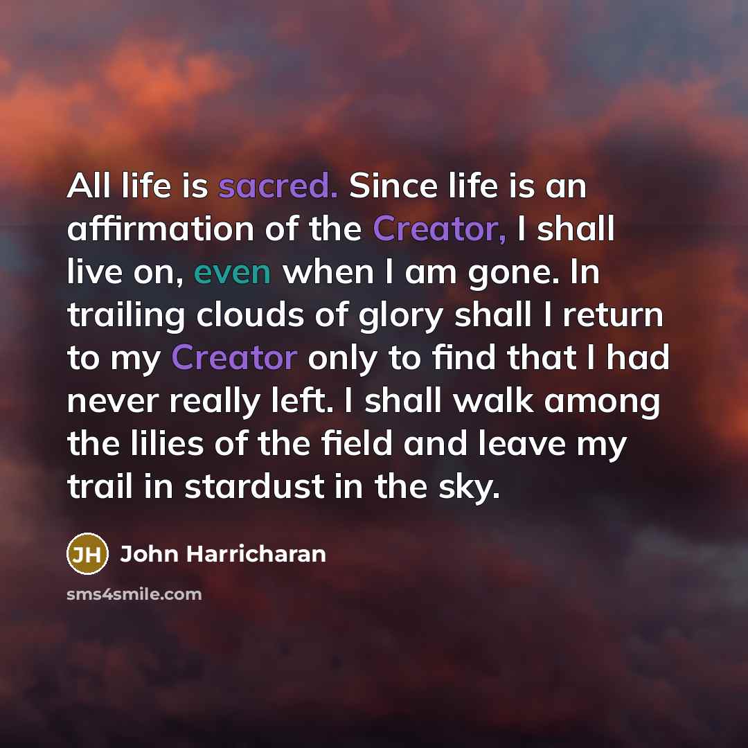 “All life is sacred. Since life is an affirmation of the Creator, I shall live on, even when I am gone. In trailing clouds of glory shall I return to my Creator only to find that I had never really left. I shall walk among the lilies of the field and leave my trail in stardust in the sky.” quote by John Harricharan