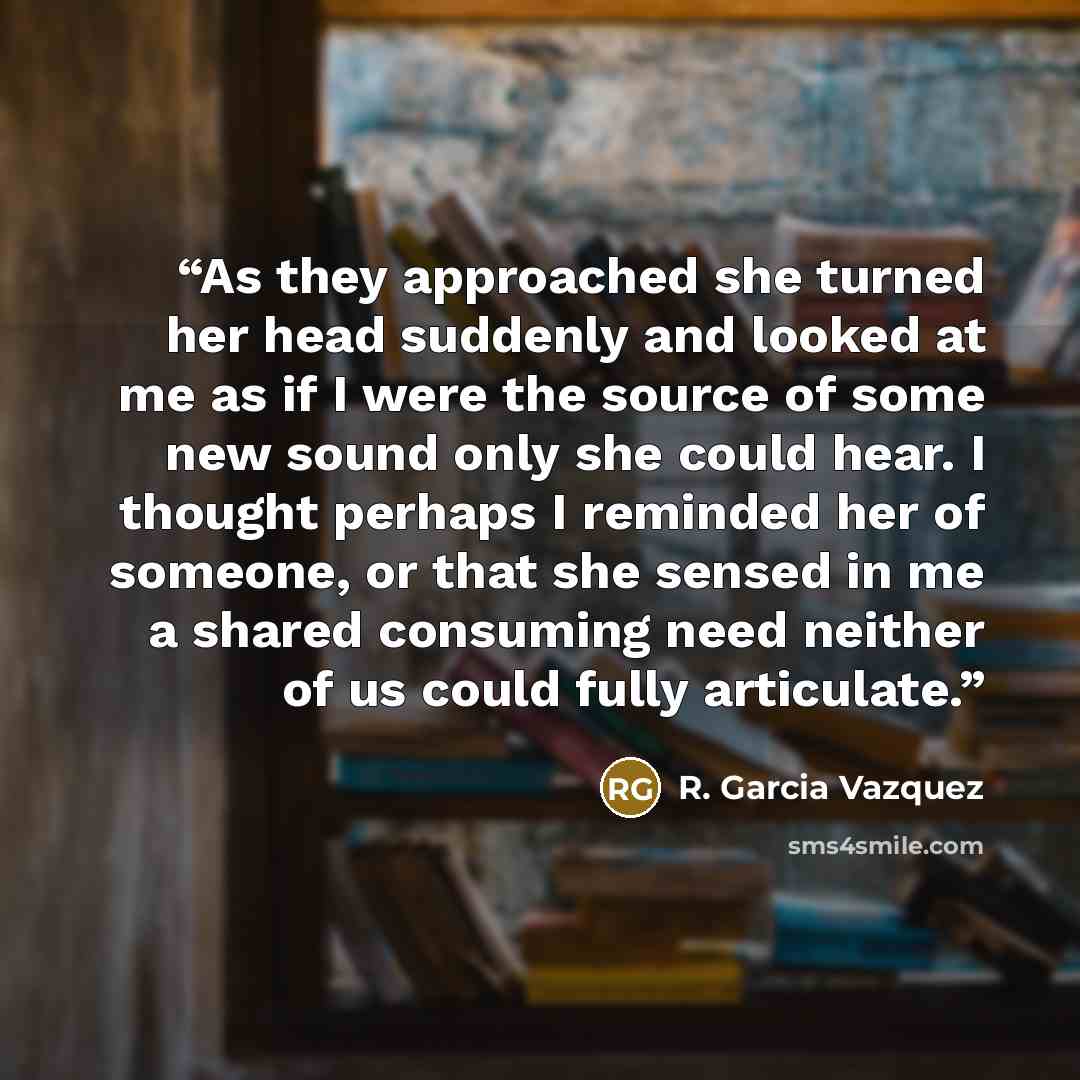 “As they approached she turned her head suddenly and looked at me as if I were the source of some new sound only she could hear. I thought perhaps I reminded her of someone, or that she sensed in me a shared consuming need neither of us could fully articulate.” quote by R. Garcia Vazquez