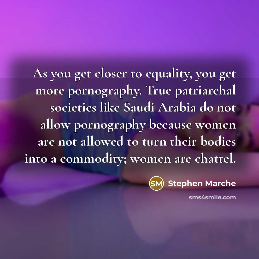 “As you get closer to equality, you get more pornography. True patriarchal societies like Saudi Arabia do not allow pornography because women are not allowed to turn their bodies into a commodity; women are chattel.” quote by Stephen Marche