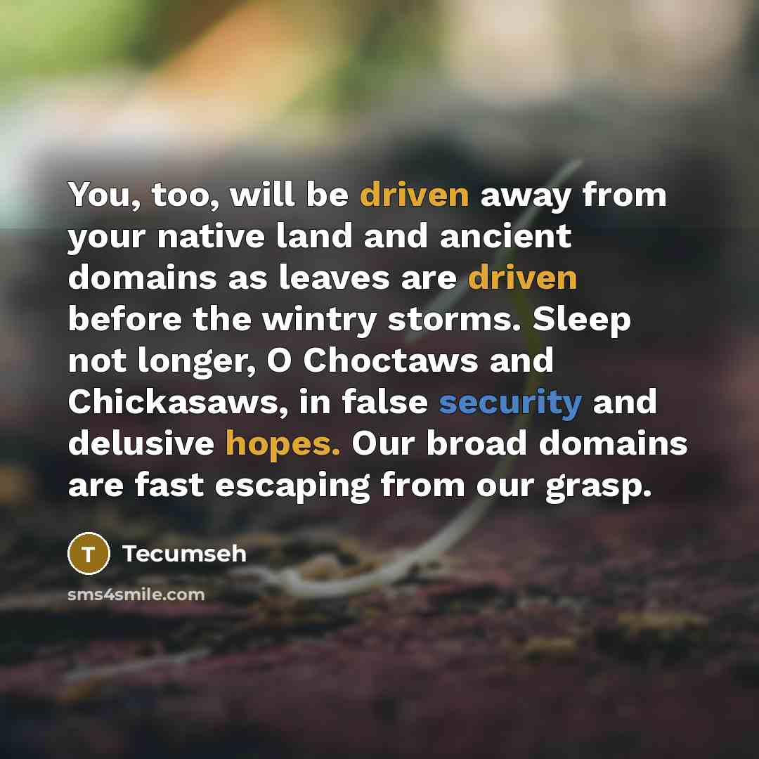 “You, too, will be driven away from your native land and ancient domains as leaves are driven before the wintry storms. Sleep not longer, O Choctaws and Chickasaws, in false security and delusive hopes. Our broad domains are fast escaping from our grasp.” quote by Tecumseh