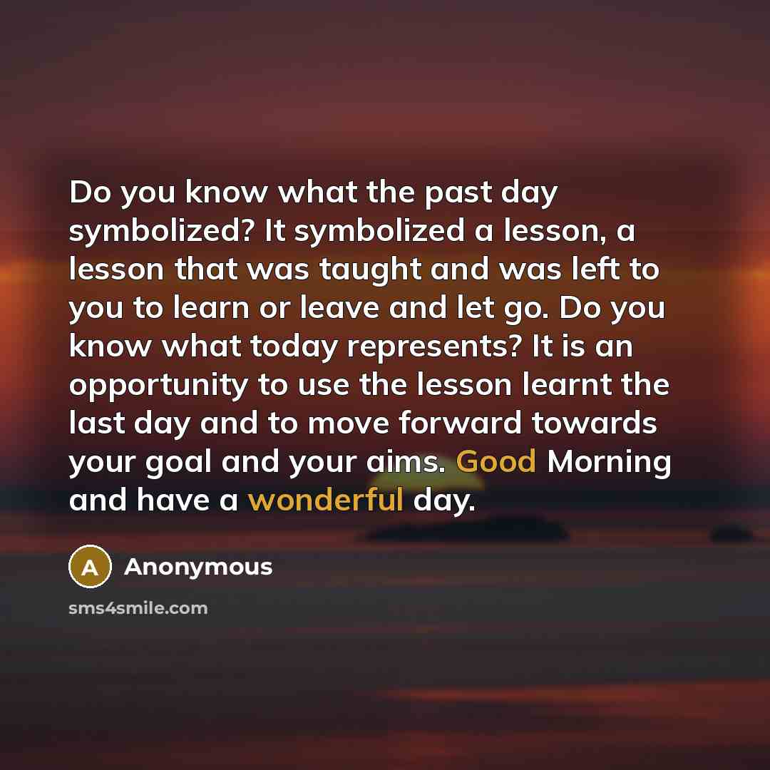 “Do you know what the past day symbolized? It symbolized a lesson, a lesson that was taught and was left to you to learn or leave and let go. Do you know what today represents? It is an opportunity to use the lesson learnt the last day and to move forward towards your goal and your aims. Good…” quote by Anonymous