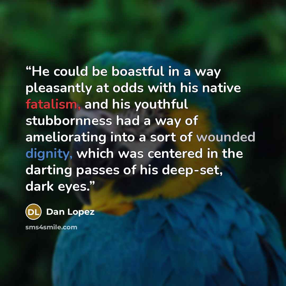 “He could be boastful in a way pleasantly at odds with his native fatalism, and his youthful stubbornness had a way of ameliorating into a sort of wounded dignity, which was centered in the darting passes of his deep-set, dark eyes.” quote by Dan Lopez