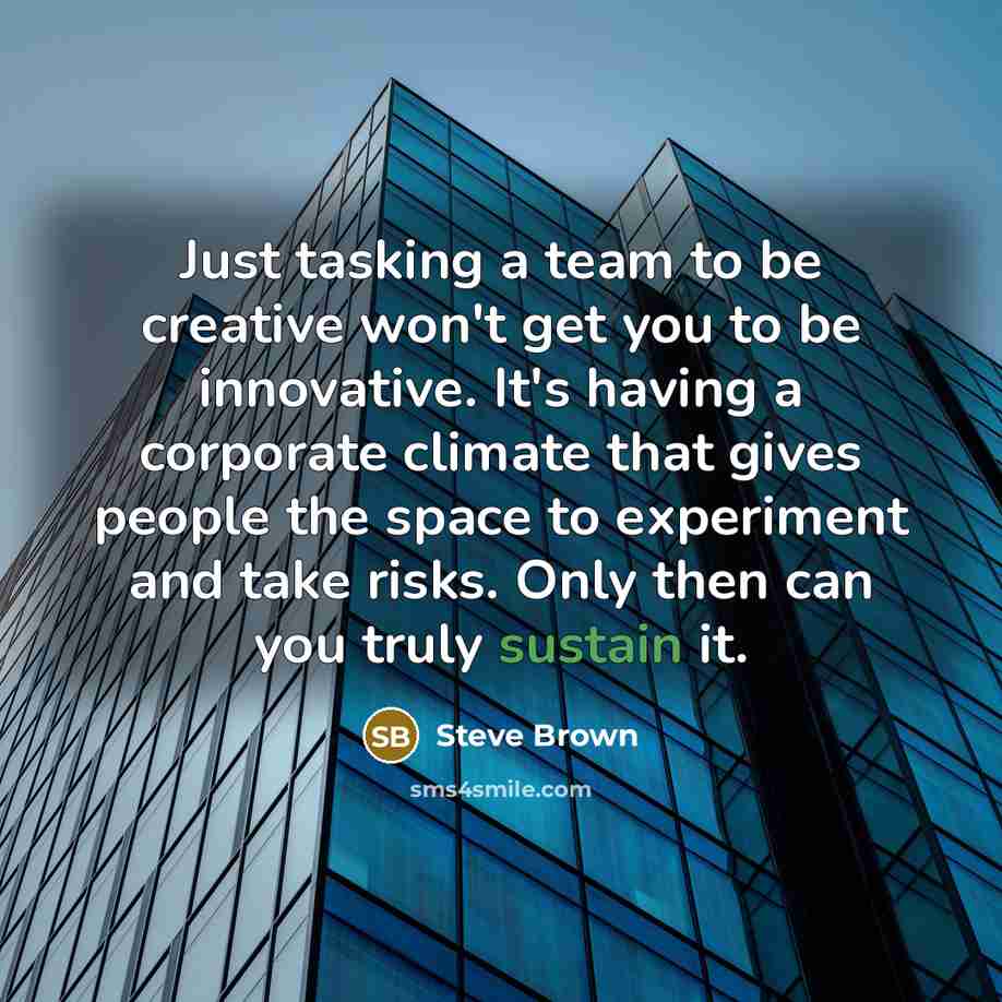 “Just tasking a team to be creative won't get you to be innovative. It's having a corporate climate that gives people the space to experiment and take risks. Only then can you truly sustain it.” quote by Steve Brown
