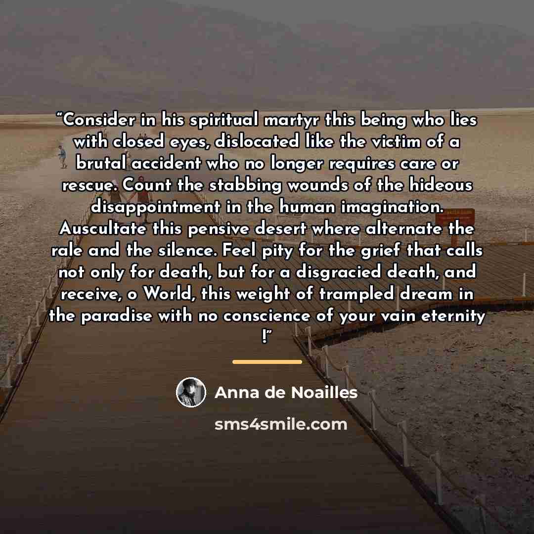 “Consider in his spiritual martyr this being who lies with closed eyes, dislocated like the victim of a brutal accident who no longer requires care or rescue. Count the stabbing wounds of the hideous disappointment in the human imagination. Auscultate this pensive desert where alternate the rale…” quote by Anna de Noailles