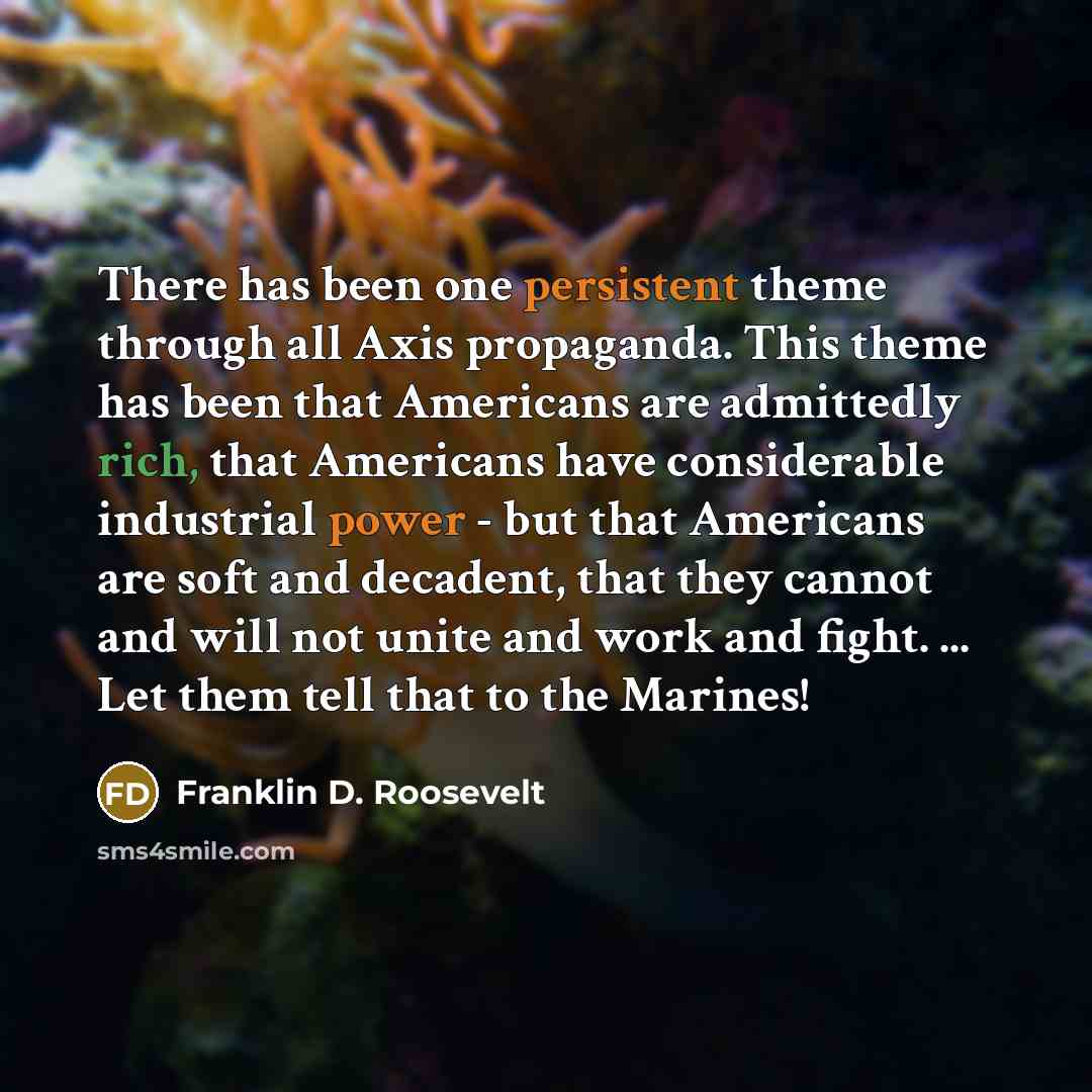 “There has been one persistent theme through all Axis propaganda. This theme has been that Americans are admittedly rich, that Americans have considerable industrial power - but that Americans are soft and decadent, that they cannot and will not unite and work and fight. ... Let them tell that to…” quote by Franklin D. Roosevelt