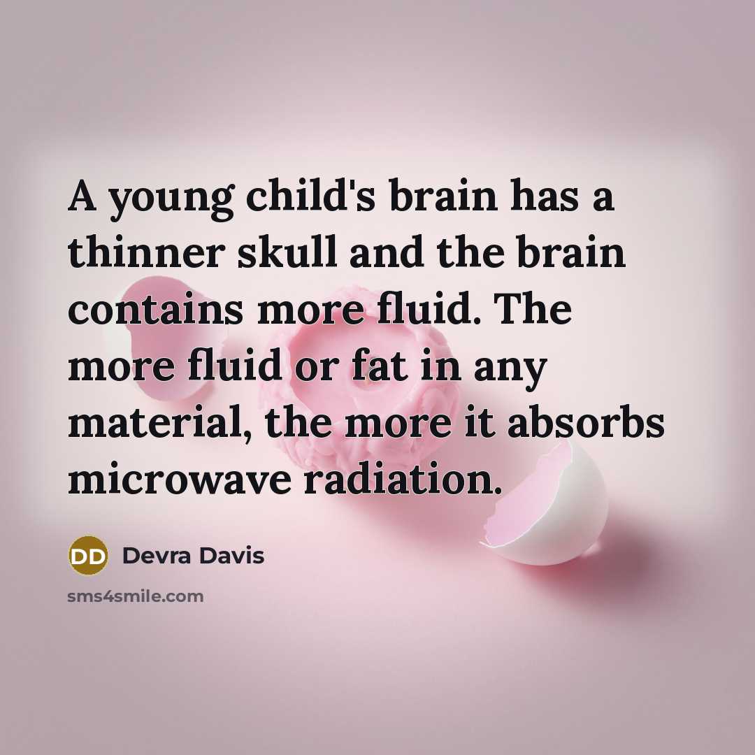 “A young child's brain has a thinner skull and the brain contains more fluid. The more fluid or fat in any material, the more it absorbs microwave radiation.” quote by Devra Davis
