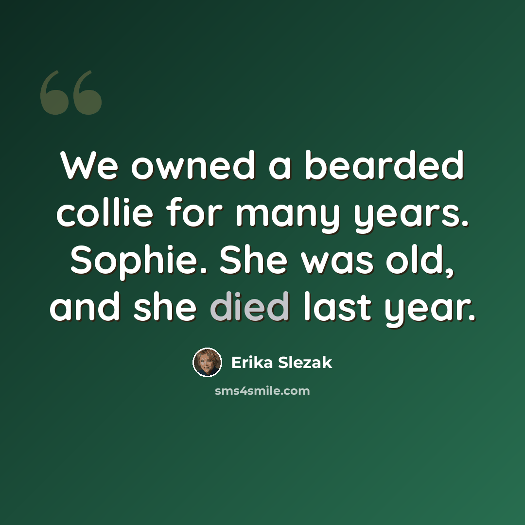 “We owned a bearded collie for many years. Sophie. She was old, and she died last year.” quote by Erika Slezak
