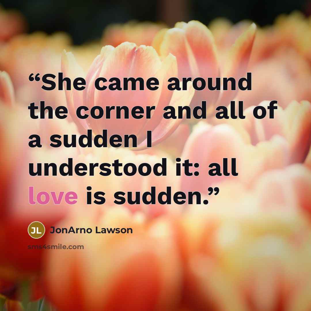 “She came around the corner and all of a sudden I understood it: all love is sudden.” quote by JonArno Lawson