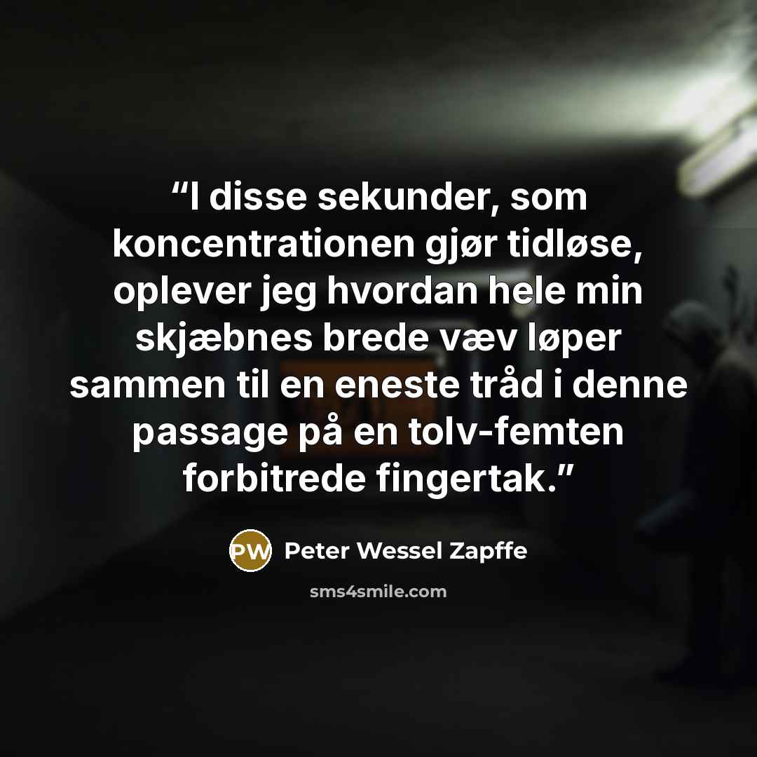 “I disse sekunder, som koncentrationen gjør tidløse, oplever jeg hvordan hele min skjæbnes brede væv løper sammen til en eneste tråd i denne passage på en tolv-femten forbitrede fingertak.” quote by Peter Wessel Zapffe
