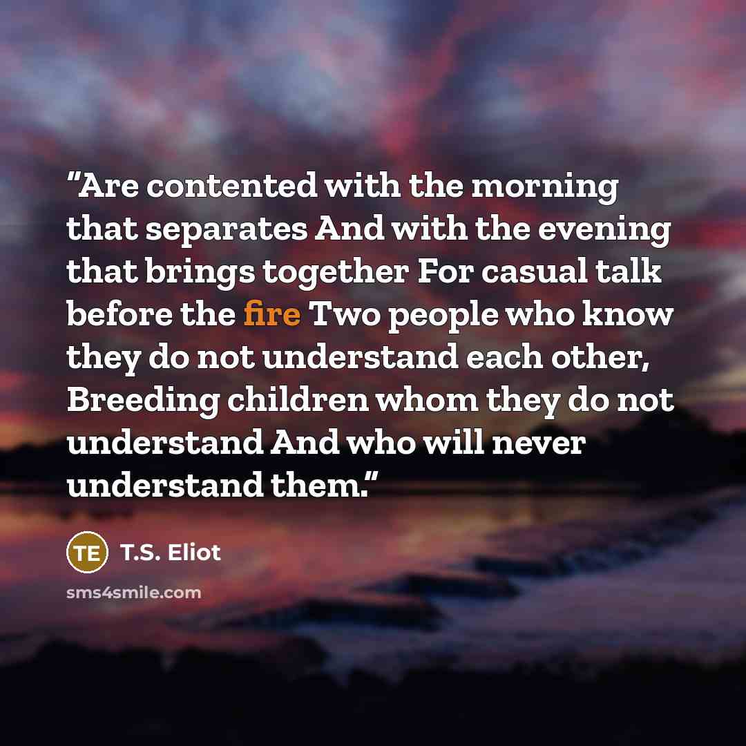 “Are contented with the morning that separates And with the evening that brings together For casual talk before the fire Two people who know they do not understand each other, Breeding children whom they do not understand And who will never understand them.” quote by T.S. Eliot