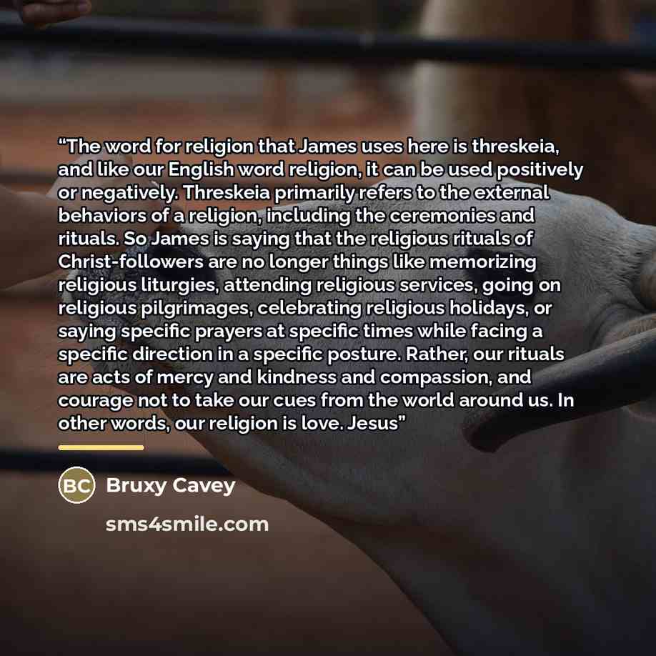 “The word for religion that James uses here is threskeia, and like our English word religion, it can be used positively or negatively. Threskeia primarily refers to the external behaviors of a religion, including the ceremonies and rituals. So James is saying that the religious rituals of…” quote by Bruxy Cavey