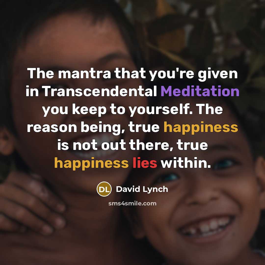 “The mantra that you're given in Transcendental Meditation you keep to yourself. The reason being, true happiness is not out there, true happiness lies within.” quote by David Lynch
