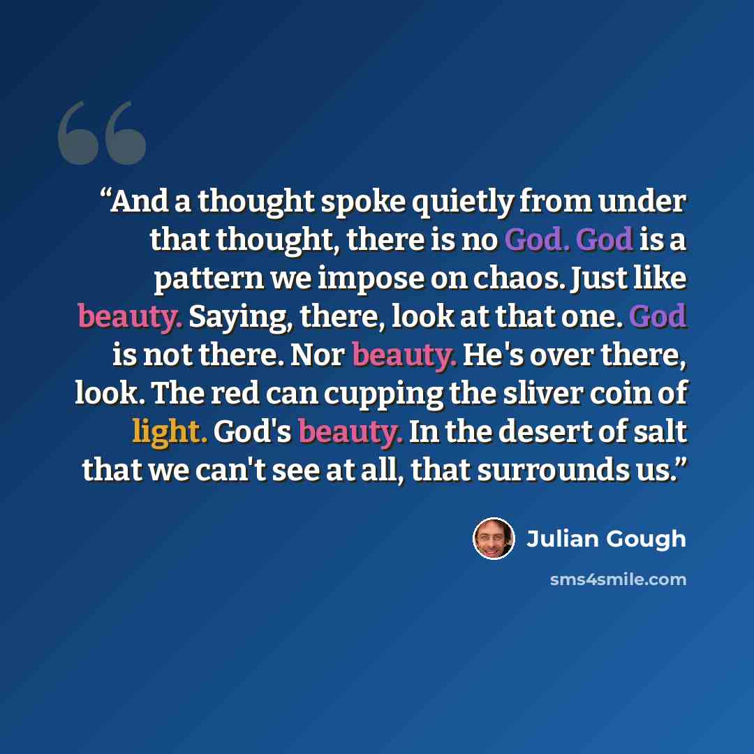 “And a thought spoke quietly from under that thought, there is no God. God is a pattern we impose on chaos. Just like beauty. Saying, there, look at that one. God is not there. Nor beauty. He's over there, look. The red can cupping the sliver coin of light. God's beauty. In the desert of salt that…” quote by Julian Gough