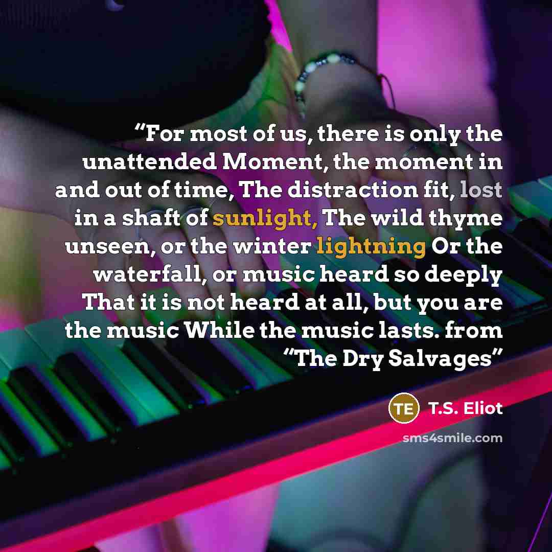 “For most of us, there is only the unattended Moment, the moment in and out of time, The distraction fit, lost in a shaft of sunlight, The wild thyme unseen, or the winter lightning Or the waterfall, or music heard so deeply That it is not heard at all, but you are the music While the music lasts…” quote by T.S. Eliot