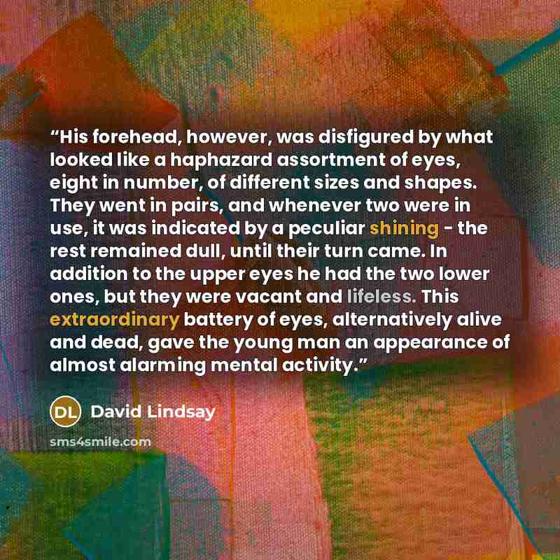 “His forehead, however, was disfigured by what looked like a haphazard assortment of eyes, eight in number, of different sizes and shapes. They went in pairs, and whenever two were in use, it was indicated by a peculiar shining - the rest remained dull, until their turn came. In addition to the…” quote by David Lindsay