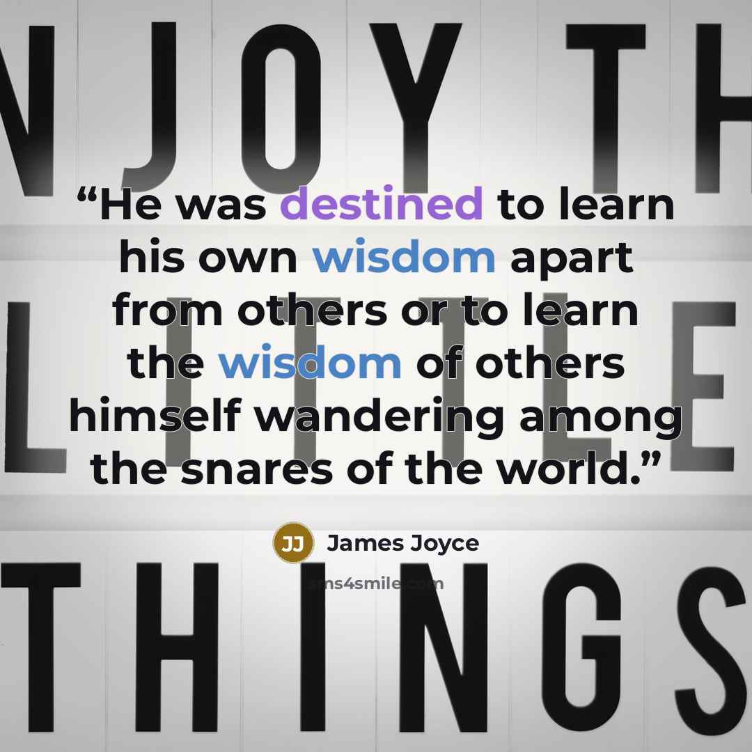 “He was destined to learn his own wisdom apart from others or to learn the wisdom of others himself wandering among the snares of the world.” quote by James Joyce