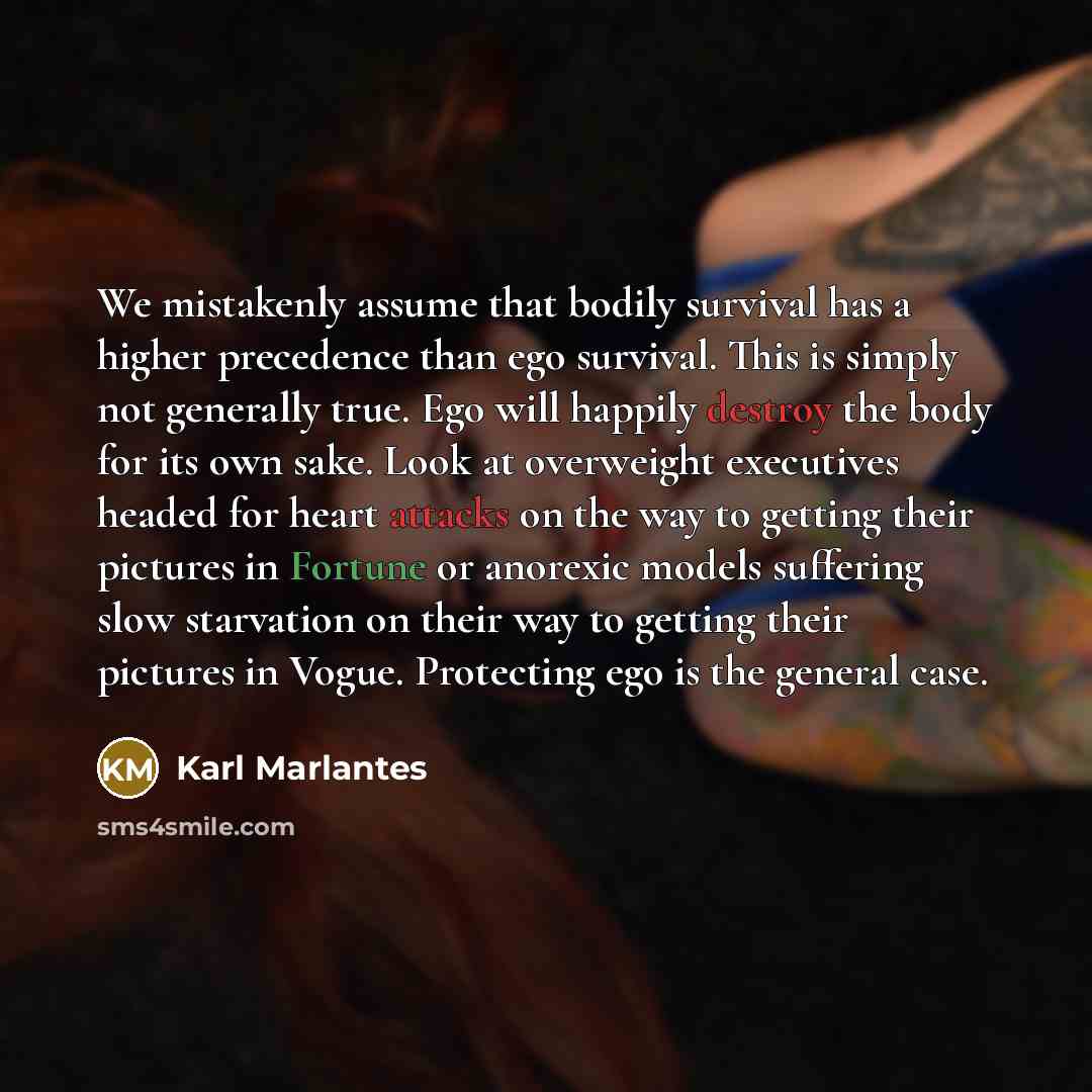 “We mistakenly assume that bodily survival has a higher precedence than ego survival. This is simply not generally true. Ego will happily destroy the body for its own sake. Look at overweight executives headed for heart attacks on the way to getting their pictures in Fortune or anorexic models…” quote by Karl Marlantes