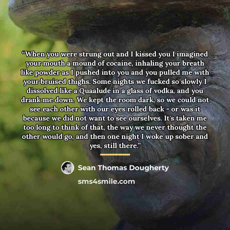 “When you were strung out and I kissed you I imagined your mouth a mound of cocaine, inhaling your breath like powder as I pushed into you and you pulled me with your bruised thighs. Some nights we fucked so slowly I dissolved like a Quaalude in a glass of vodka, and you drank me down. We kept the…” quote by Sean Thomas Dougherty