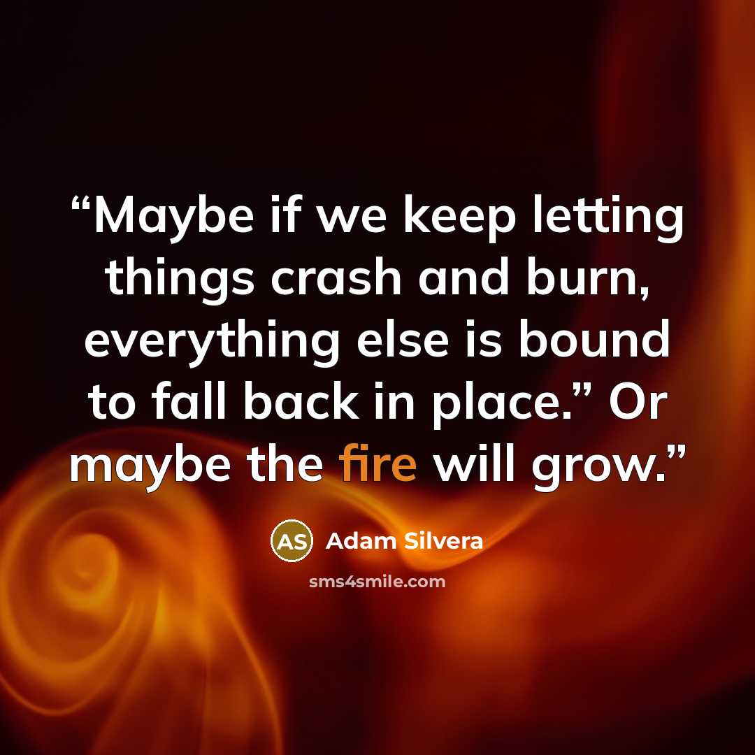 “Maybe if we keep letting things crash and burn, everything else is bound to fall back in place.” Or maybe the fire will grow.” quote by Adam Silvera