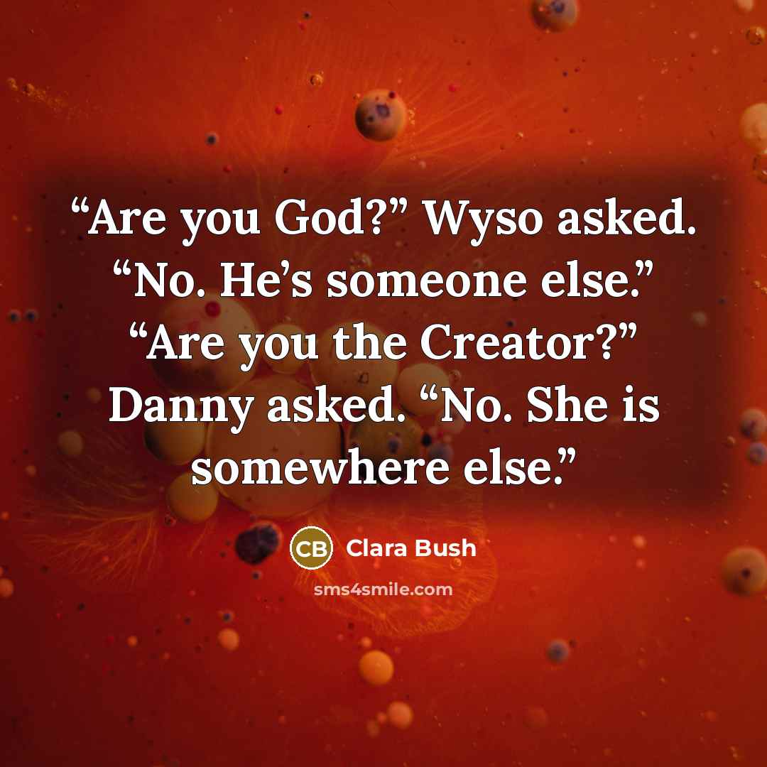“Are you God?” Wyso asked. “No. He’s someone else.” “Are you the Creator?” Danny asked. “No. She is somewhere else.” quote by Clara Bush