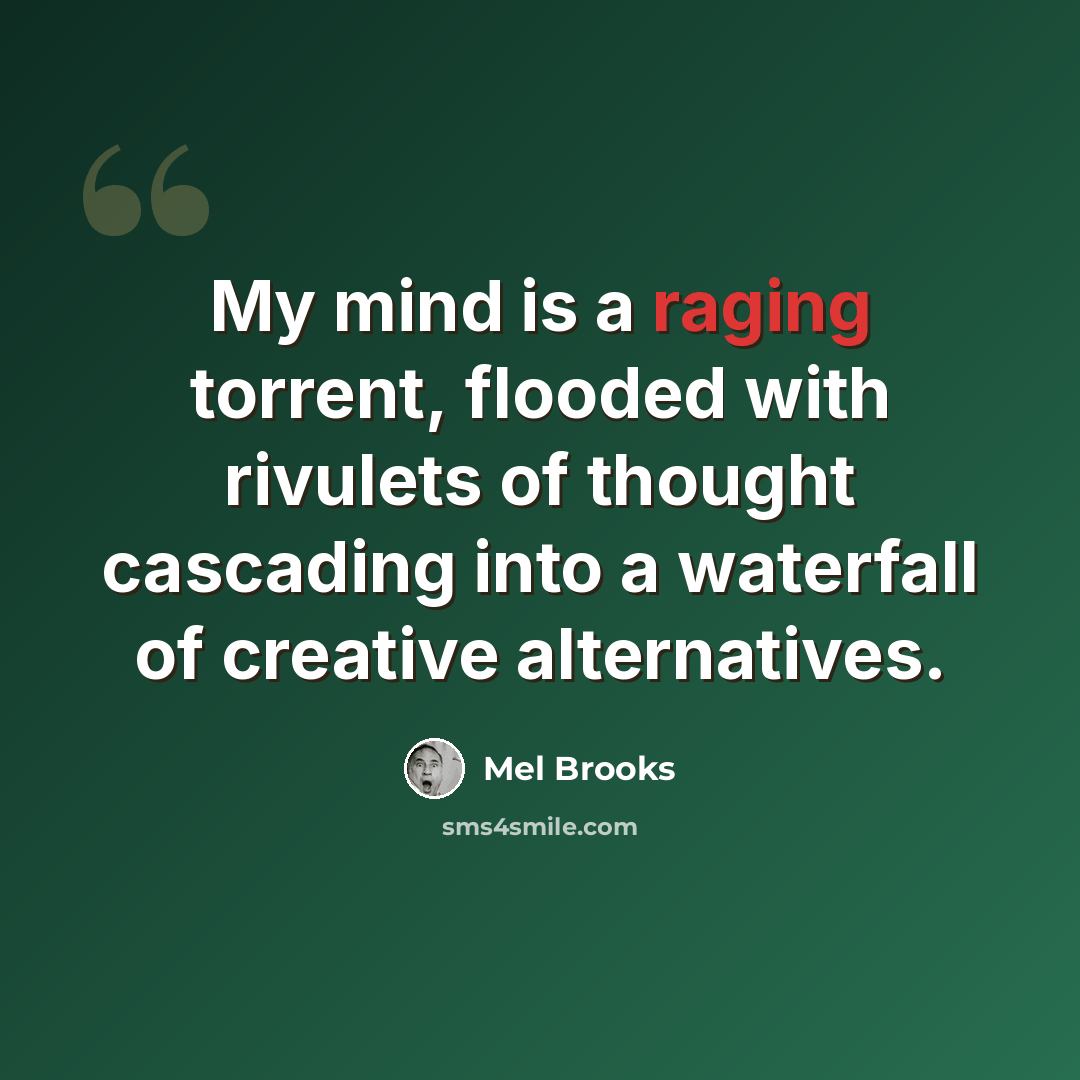 “My mind is a raging torrent, flooded with rivulets of thought cascading into a waterfall of creative alternatives.” quote by Mel Brooks