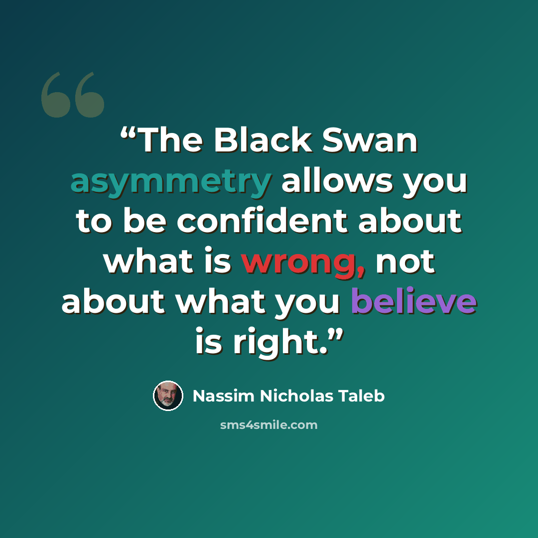 “The Black Swan asymmetry allows you to be confident about what is wrong, not about what you believe is right.” quote by Nassim Nicholas Taleb
