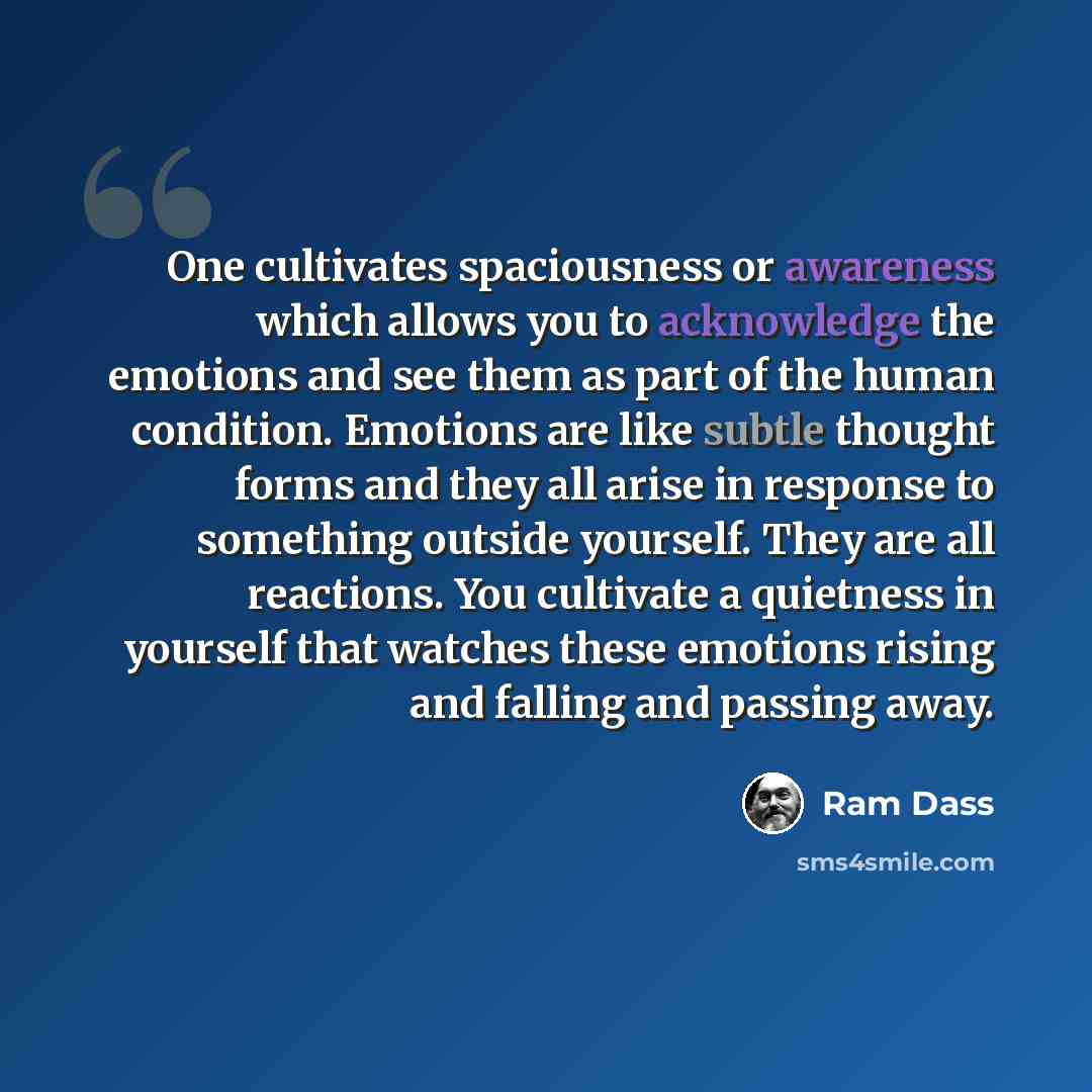 “One cultivates spaciousness or awareness which allows you to acknowledge the emotions and see them as part of the human condition. Emotions are like subtle thought forms and they all arise in response to something outside yourself. They are all reactions. You cultivate a quietness in yourself that…” quote by Ram Dass