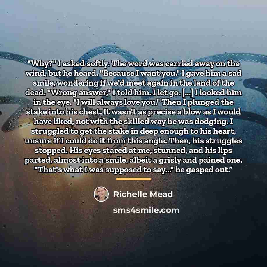 “Why?" I asked softly. The word was carried away on the wind, but he heard. "Because I want you." I gave him a sad smile, wondering if we'd meet again in the land of the dead. "Wrong answer," I told him. I let go. [...] I looked him in the eye. "I will always love you." Then I plunged the stake…” quote by Richelle Mead