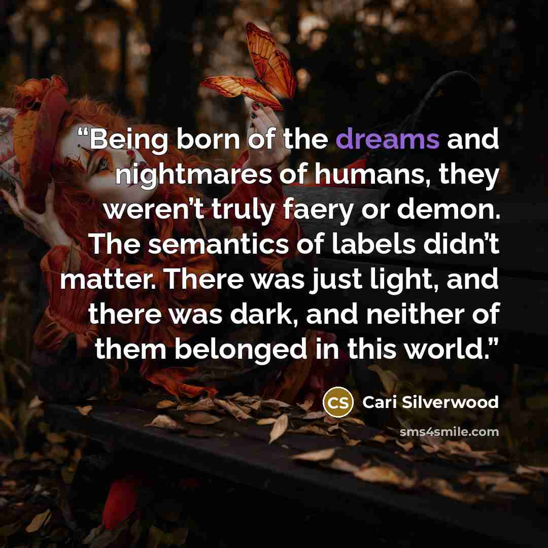 “Being born of the dreams and nightmares of humans, they weren’t truly faery or demon. The semantics of labels didn’t matter. There was just light, and there was dark, and neither of them belonged in this world.” quote by Cari Silverwood