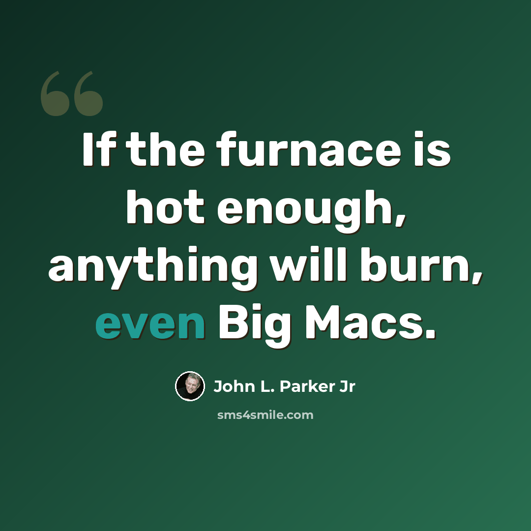 “If the furnace is hot enough, anything will burn, even Big Macs.” quote by John L. Parker Jr