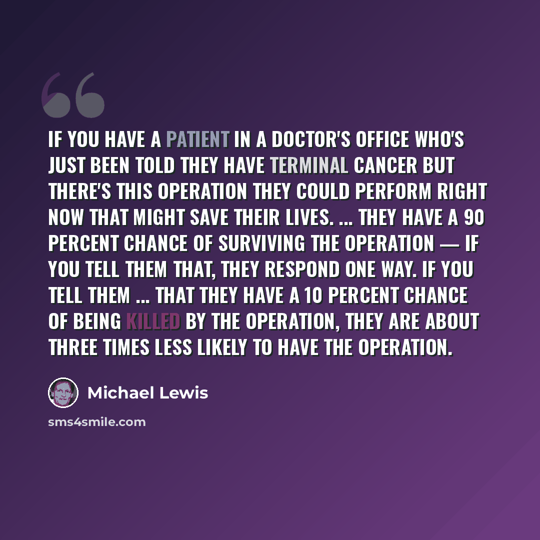 “If you have a patient in a doctor's office who's just been told they have terminal cancer but there's this operation they could perform right now that might save their lives. ... They have a 90 percent chance of surviving the operation — if you tell them that, they respond one way. If you tell…” quote by Michael Lewis