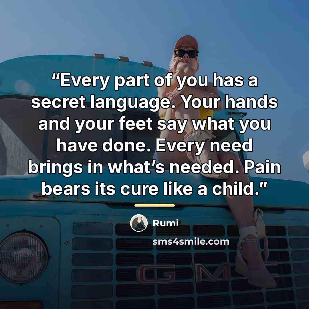 “Every part of you has a secret language. Your hands and your feet say what you have done. Every need brings in what’s needed. Pain bears its cure like a child.” quote by Rumi