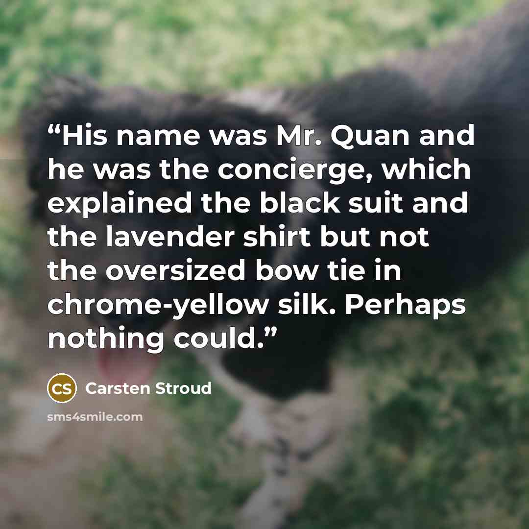 “His name was Mr. Quan and he was the concierge, which explained the black suit and the lavender shirt but not the oversized bow tie in chrome-yellow silk. Perhaps nothing could.” quote by Carsten Stroud