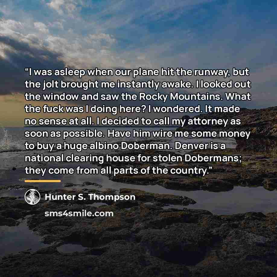 “I was asleep when our plane hit the runway, but the jolt brought me instantly awake. I looked out the window and saw the Rocky Mountains. What the fuck was I doing here? I wondered. It made no sense at all. I decided to call my attorney as soon as possible. Have him wire me some money to buy a…” quote by Hunter S. Thompson