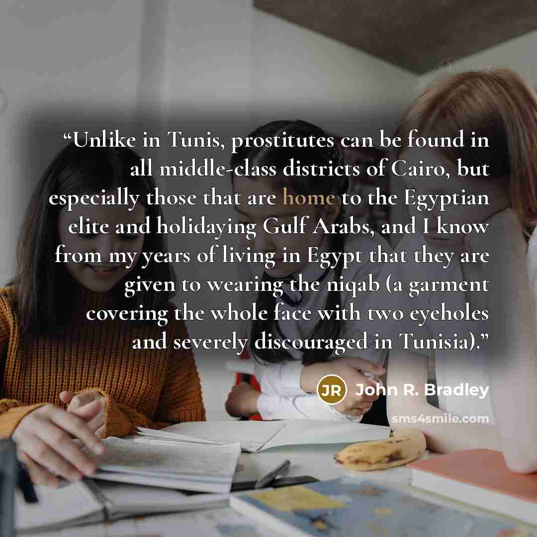 “Unlike in Tunis, prostitutes can be found in all middle-class districts of Cairo, but especially those that are home to the Egyptian elite and holidaying Gulf Arabs, and I know from my years of living in Egypt that they are given to wearing the niqab (a garment covering the whole face with two…” quote by John R. Bradley