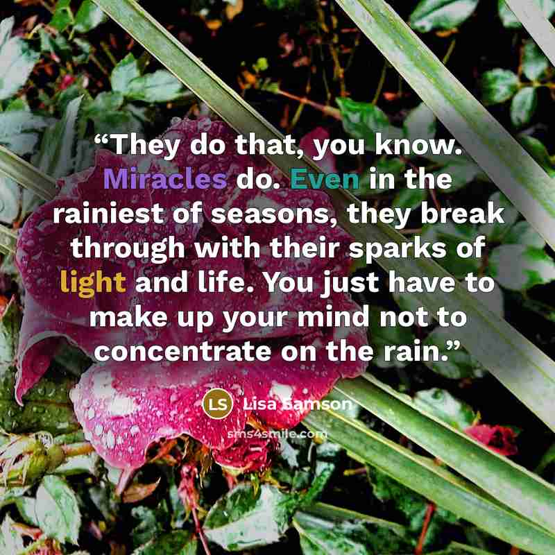 “They do that, you know. Miracles do. Even in the rainiest of seasons, they break through with their sparks of light and life. You just have to make up your mind not to concentrate on the rain.” quote by Lisa Samson