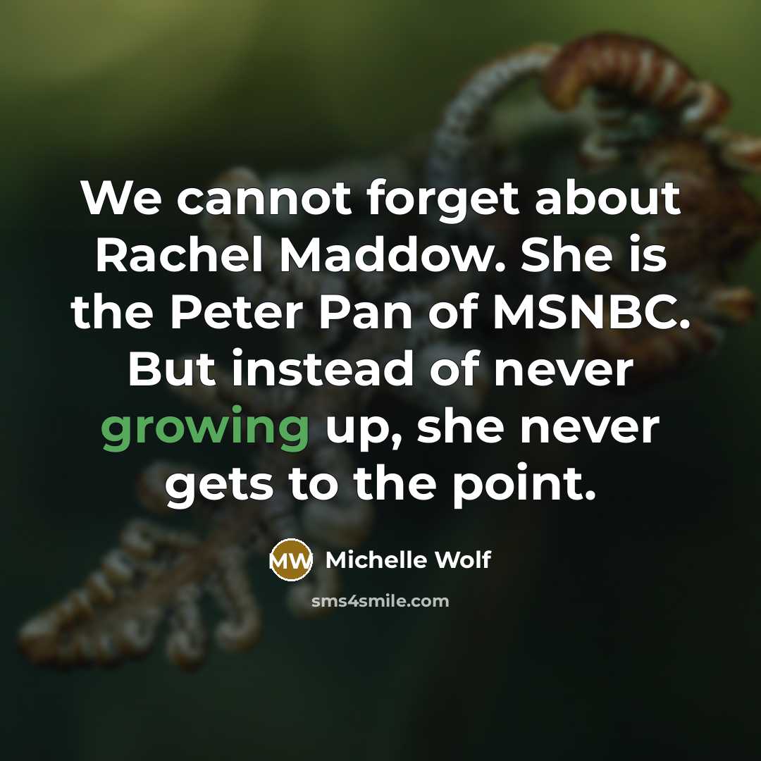 “We cannot forget about Rachel Maddow. She is the Peter Pan of MSNBC. But instead of never growing up, she never gets to the point.” quote by Michelle Wolf