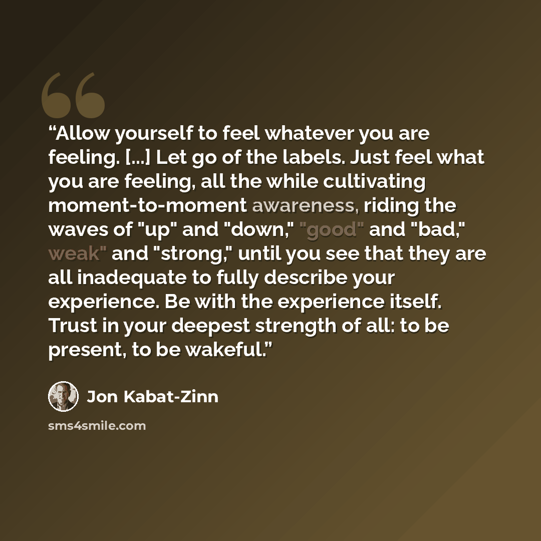 “Allow yourself to feel whatever you are feeling. [...] Let go of the labels. Just feel what you are feeling, all the while cultivating moment-to-moment awareness, riding the waves of "up" and "down," "good" and "bad," weak" and "strong," until you see that they are all inadequate to fully describe…” quote by Jon Kabat-Zinn