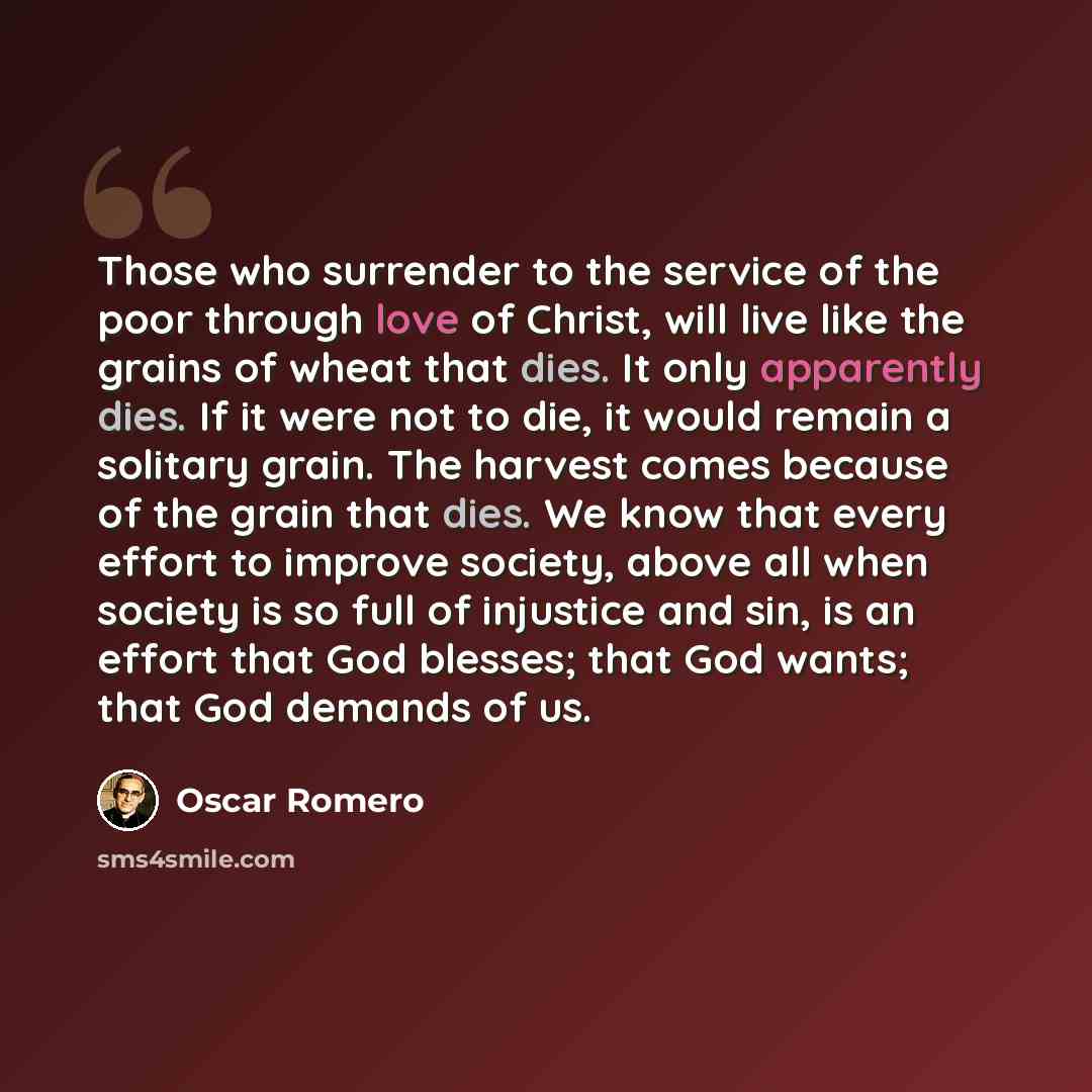 “Those who surrender to the service of the poor through love of Christ, will live like the grains of wheat that dies. It only apparently dies. If it were not to die, it would remain a solitary grain. The harvest comes because of the grain that dies. We know that every effort to improve society…” quote by Oscar Romero