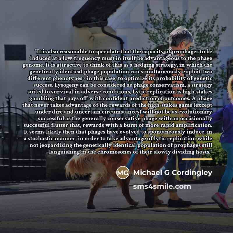 “It is also reasonable to speculate that the capacity of prophages to be induced at a low frequency must in itself be advantageous to the phage genome. It is attractive to think of this as a hedging strategy, in which the genetically identical phage population can simultaneously exploit two…” quote by Michael G Cordingley