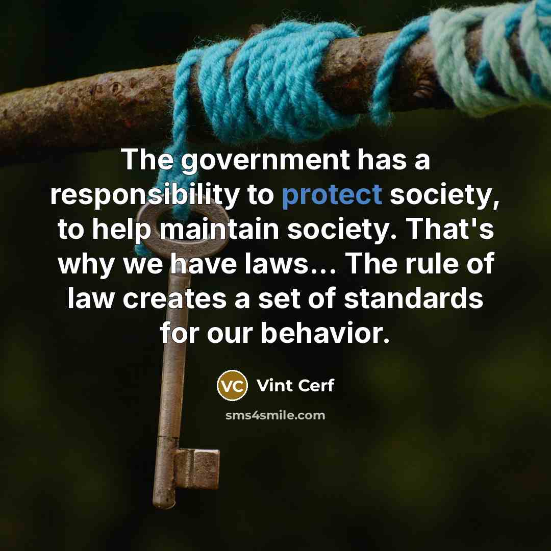 “The government has a responsibility to protect society, to help maintain society. That's why we have laws... The rule of law creates a set of standards for our behavior.” quote by Vint Cerf