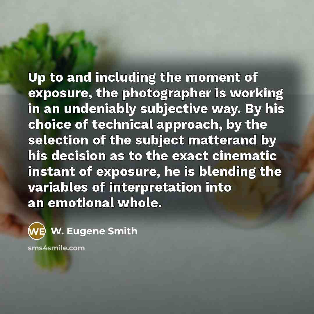 “Up to and including the moment of exposure, the photographer is working in an undeniably subjective way. By his choice of technical approach, by the selection of the subject matterand by his decision as to the exact cinematic instant of exposure, he is blending the variables of interpretation into…” quote by W. Eugene Smith